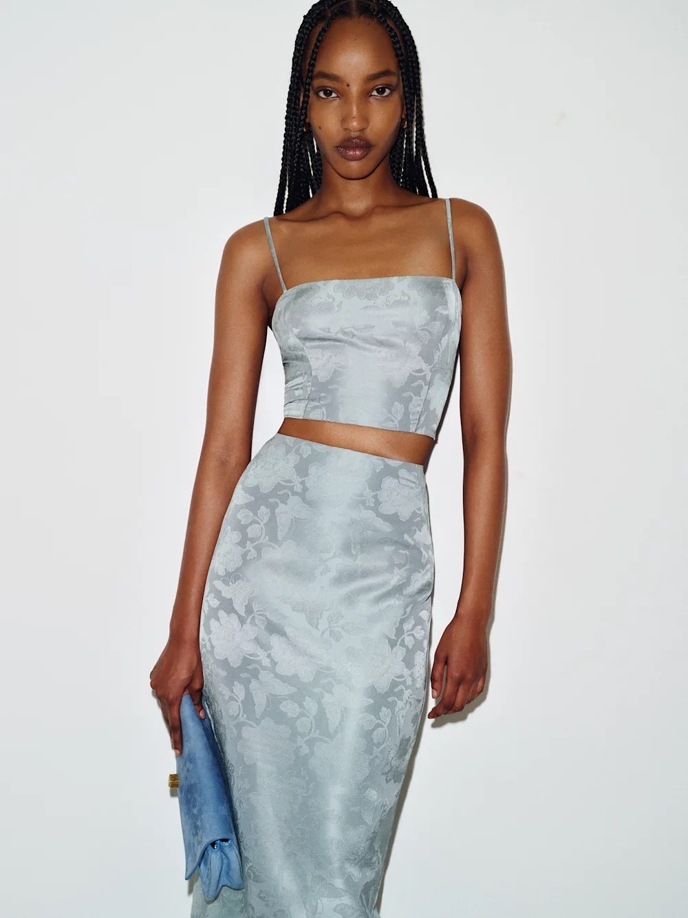 NEW Reformation Nima Two Piece Skirt Set in Blue Cornflower Jacquard | US 4 UK 8